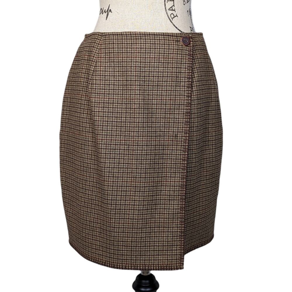 Vintage Ralph Lauren Country Tweed Plaid Wool Skirt Brown Size 10